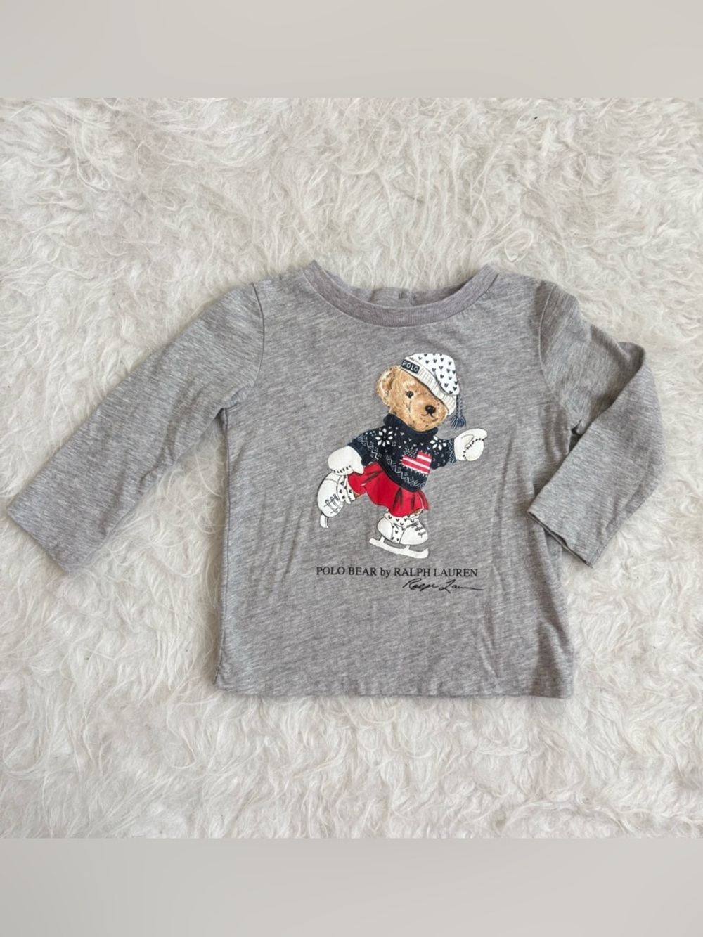 Ralph Lauren Preppy Gray Long Sleeve Iconic Festive Polo Bear Tee
